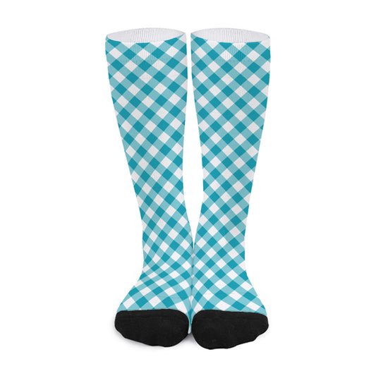 Teal And White Gingham Pattern Print Long Socks