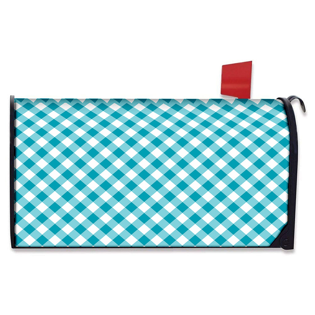 Teal And White Gingham Pattern Print Mailbox Cover