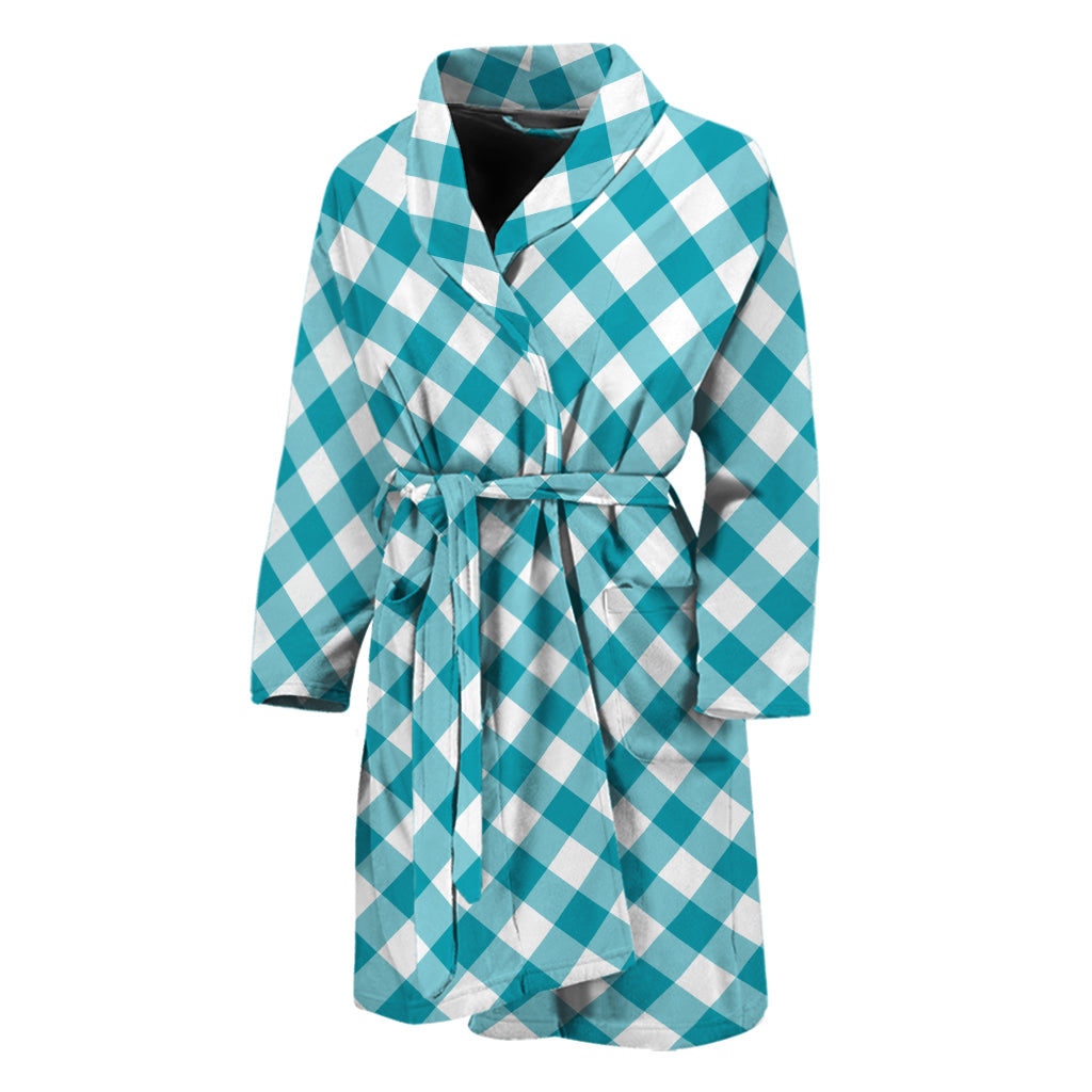 Teal And White Gingham Pattern Print Men's Bathrobe