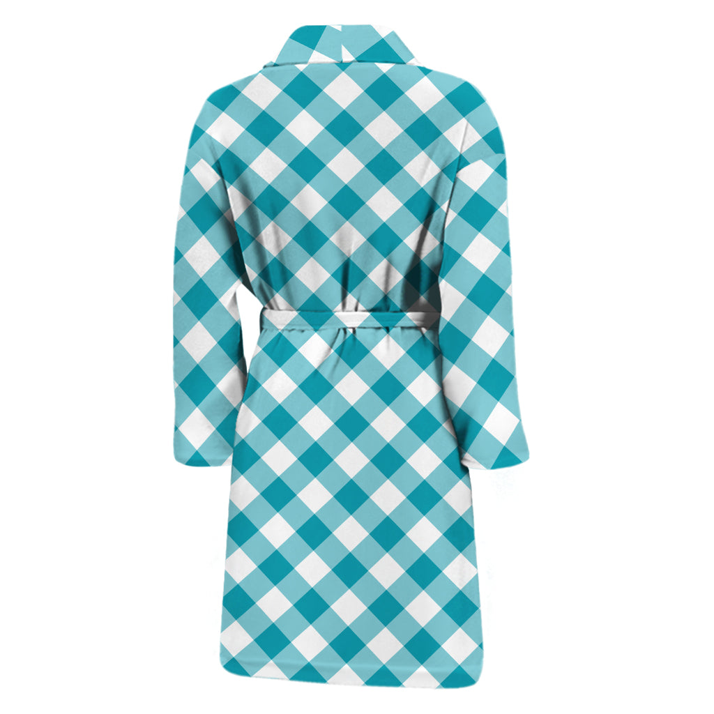 Teal And White Gingham Pattern Print Men's Bathrobe