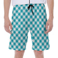 Teal And White Gingham Pattern Print Men's Beach Shorts