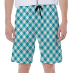 Teal And White Gingham Pattern Print Men's Beach Shorts