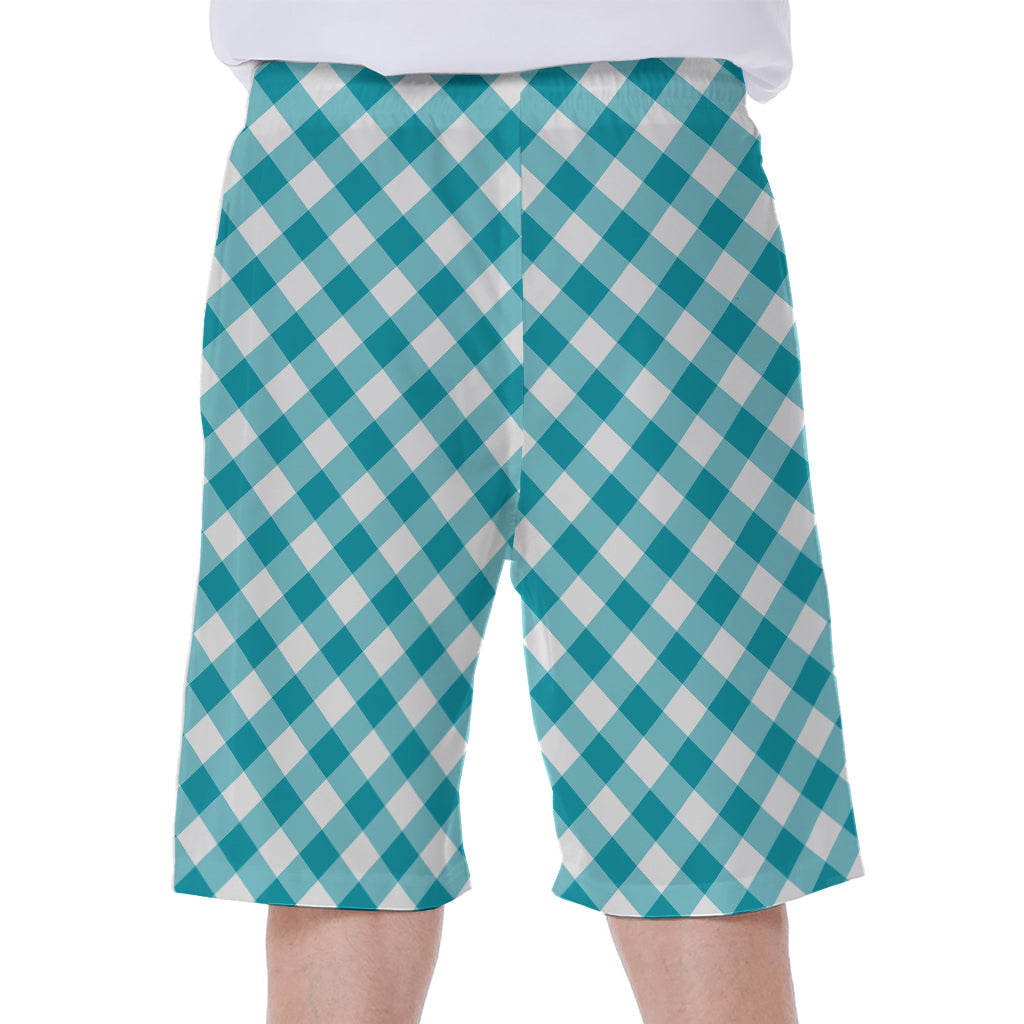 Teal And White Gingham Pattern Print Men's Beach Shorts