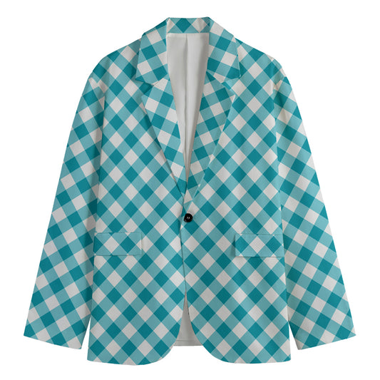 Teal And White Gingham Pattern Print Men's Blazer