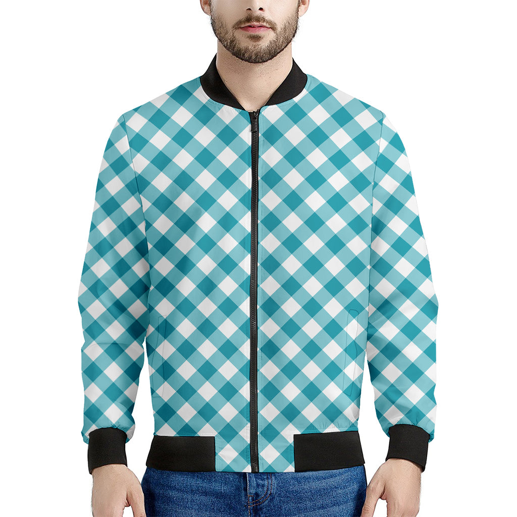 Teal And White Gingham Pattern Print Men's Bomber Jacket