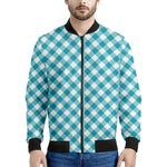 Teal And White Gingham Pattern Print Men's Bomber Jacket