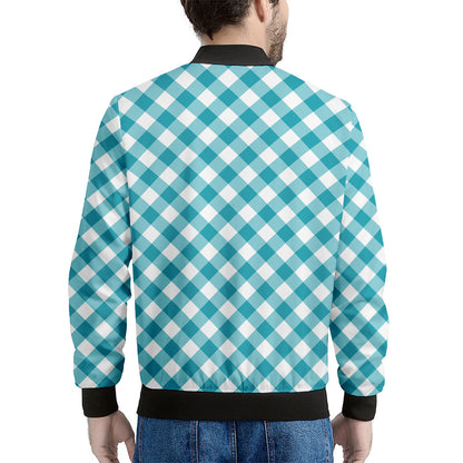 Teal And White Gingham Pattern Print Men's Bomber Jacket