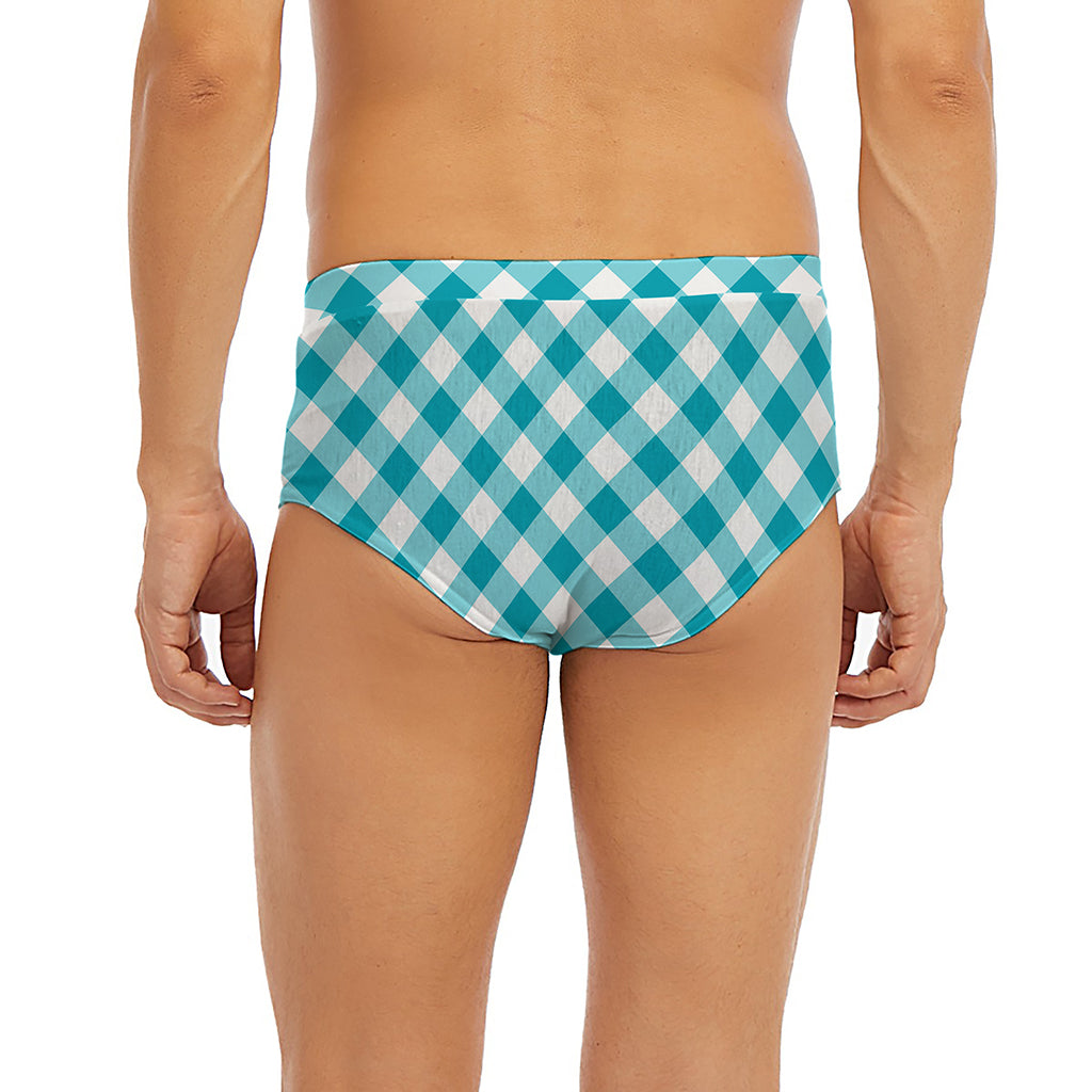 Teal And White Gingham Pattern Print Men's Briefs