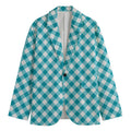 Teal And White Gingham Pattern Print Men's Cotton Blazer