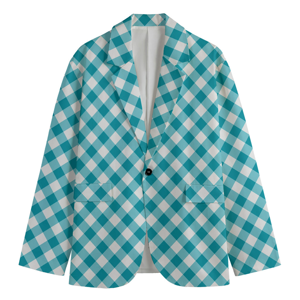 Teal And White Gingham Pattern Print Men's Cotton Blazer