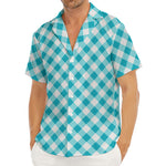 Teal And White Gingham Pattern Print Men's Deep V-Neck Shirt