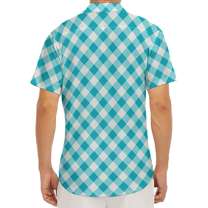 Teal And White Gingham Pattern Print Men's Deep V-Neck Shirt