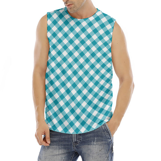 Teal And White Gingham Pattern Print Men's Fitness Tank Top