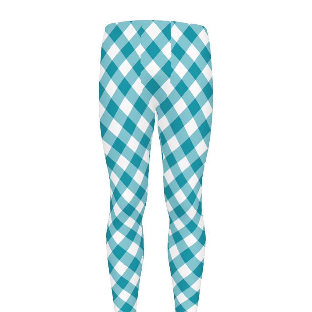 Teal And White Gingham Pattern Print Men's leggings