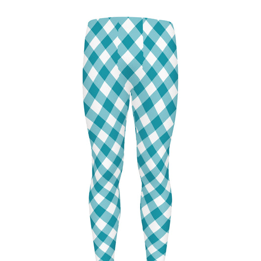 Teal And White Gingham Pattern Print Men's leggings