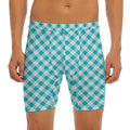Teal And White Gingham Pattern Print Men's Long Boxer Briefs