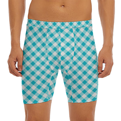 Teal And White Gingham Pattern Print Men's Long Boxer Briefs