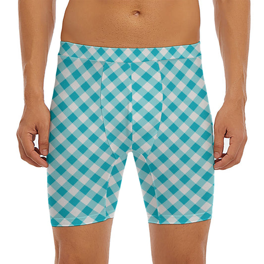 Teal And White Gingham Pattern Print Men's Long Boxer Briefs