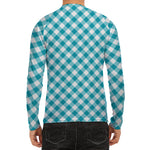 Teal And White Gingham Pattern Print Men's Long Sleeve Rash Guard