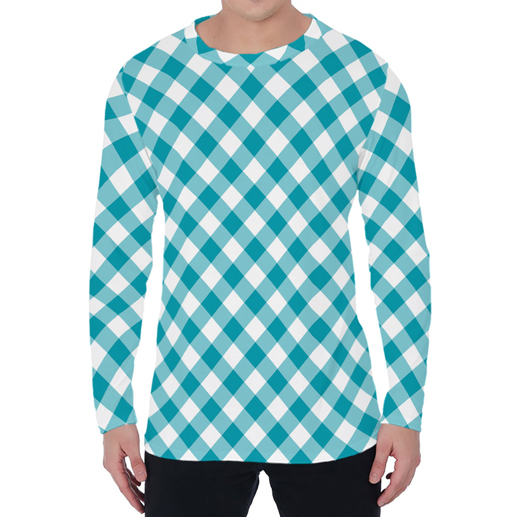 Teal And White Gingham Pattern Print Men's Long Sleeve T-Shirt