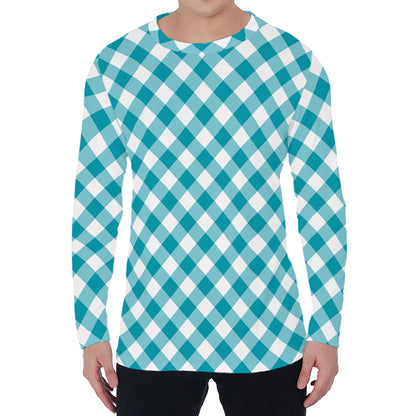 Teal And White Gingham Pattern Print Men's Long Sleeve T-Shirt