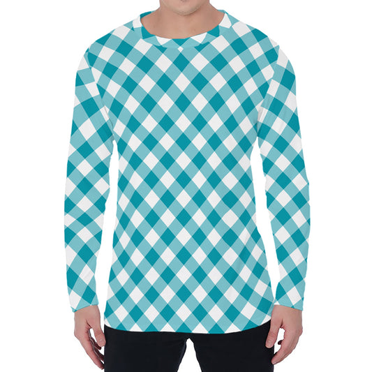 Teal And White Gingham Pattern Print Men's Long Sleeve T-Shirt