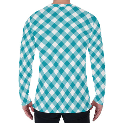 Teal And White Gingham Pattern Print Men's Long Sleeve T-Shirt