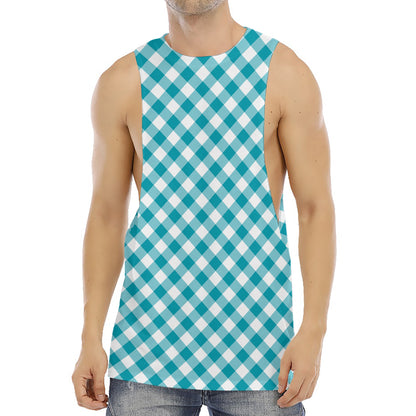 Teal And White Gingham Pattern Print Men's Muscle Tank Top