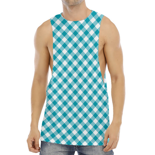 Teal And White Gingham Pattern Print Men's Muscle Tank Top