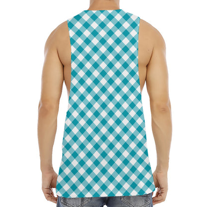 Teal And White Gingham Pattern Print Men's Muscle Tank Top