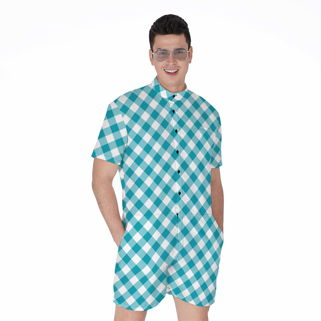 Teal And White Gingham Pattern Print Men's Rompers