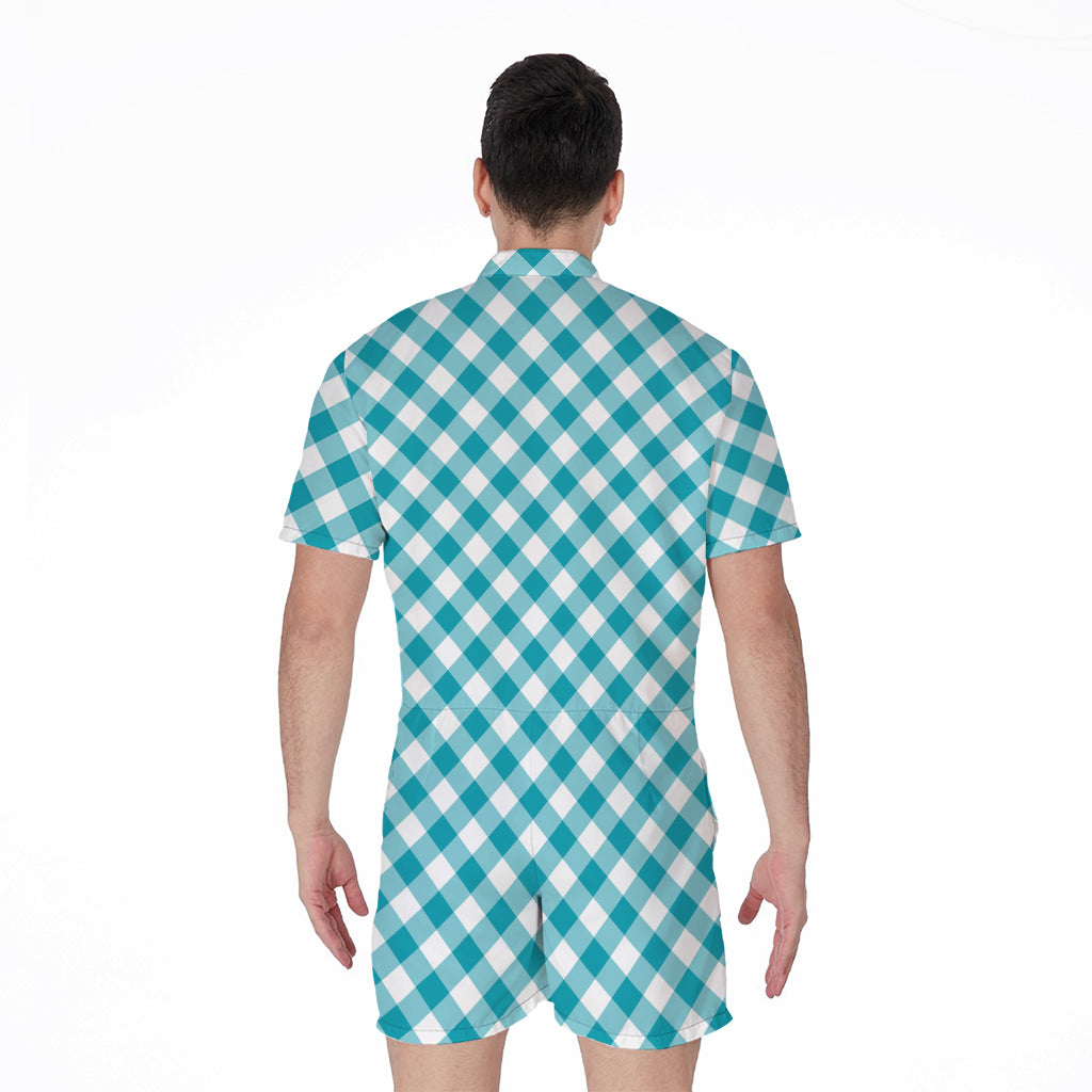 Teal And White Gingham Pattern Print Men's Rompers