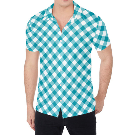 Teal And White Gingham Pattern Print Men's Shirt
