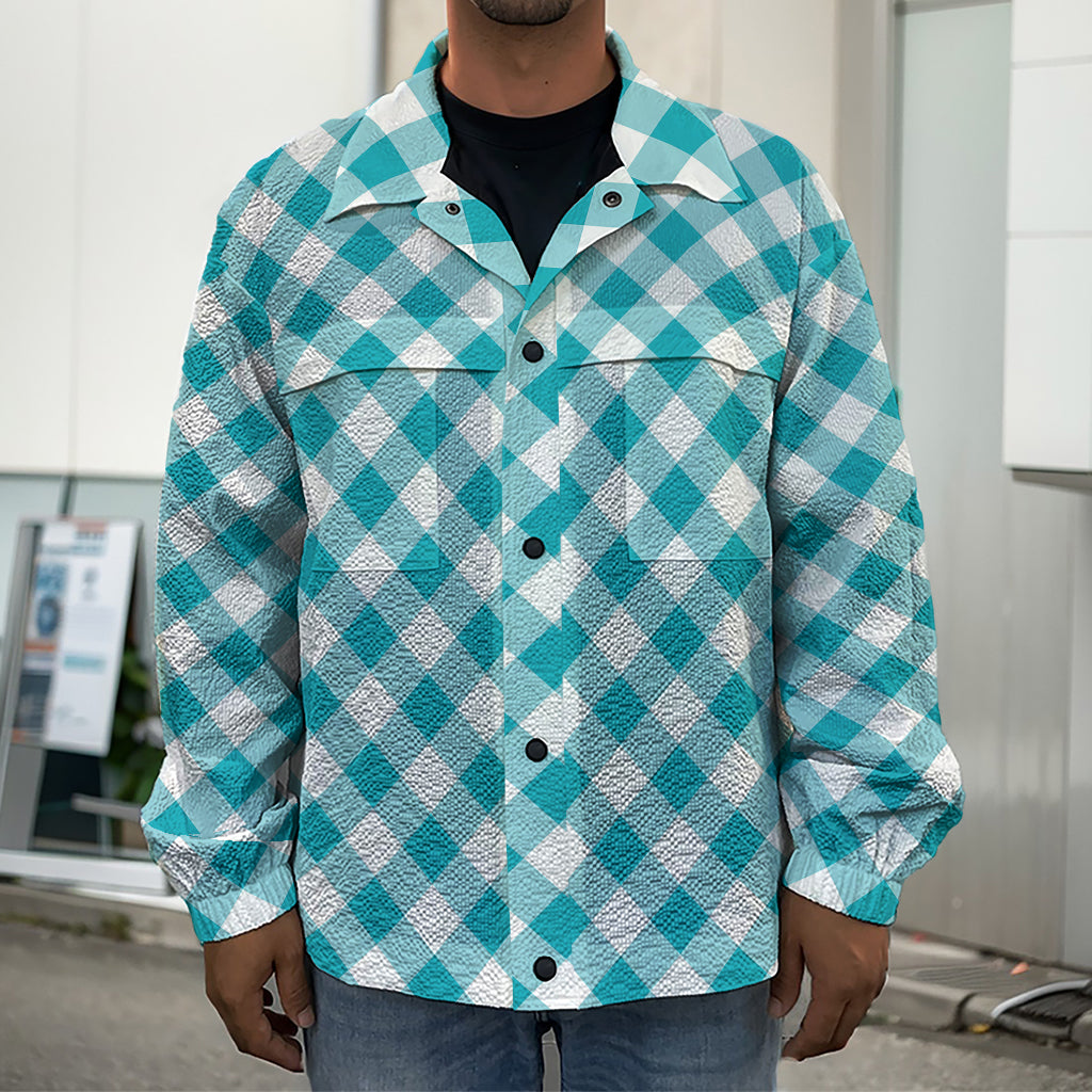 Teal And White Gingham Pattern Print Men's Shirt Jacket