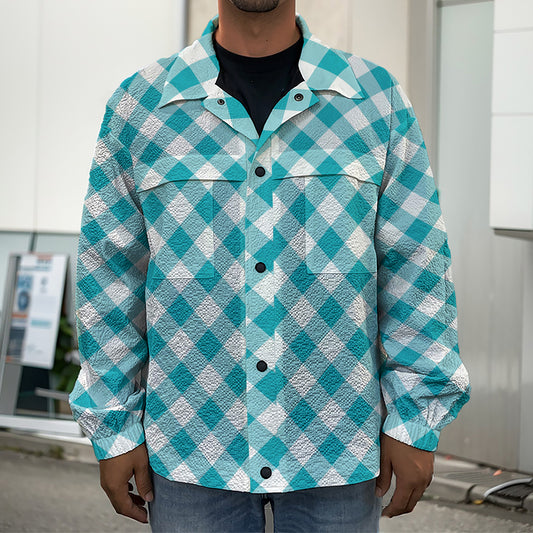 Teal And White Gingham Pattern Print Men's Shirt Jacket