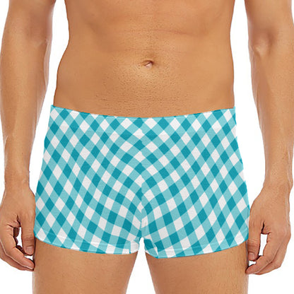 Teal And White Gingham Pattern Print Men's Short Boxer Briefs
