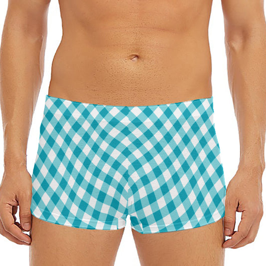 Teal And White Gingham Pattern Print Men's Short Boxer Briefs
