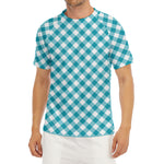 Teal And White Gingham Pattern Print Men's Short Sleeve Rash Guard