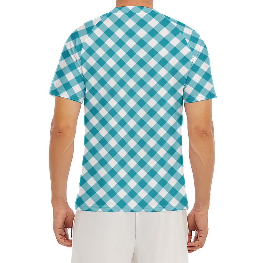 Teal And White Gingham Pattern Print Men's Short Sleeve Rash Guard