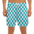 Teal And White Gingham Pattern Print Men's Split Running Shorts