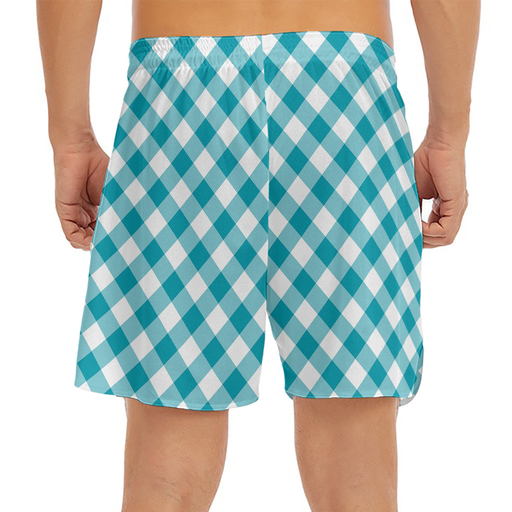 Teal And White Gingham Pattern Print Men's Split Running Shorts