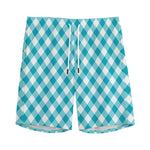 Teal And White Gingham Pattern Print Men's Sports Shorts