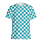 Teal And White Gingham Pattern Print Men's Sports T-Shirt