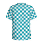 Teal And White Gingham Pattern Print Men's Sports T-Shirt