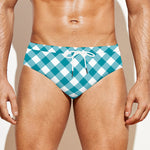 Teal And White Gingham Pattern Print Men's Swim Briefs