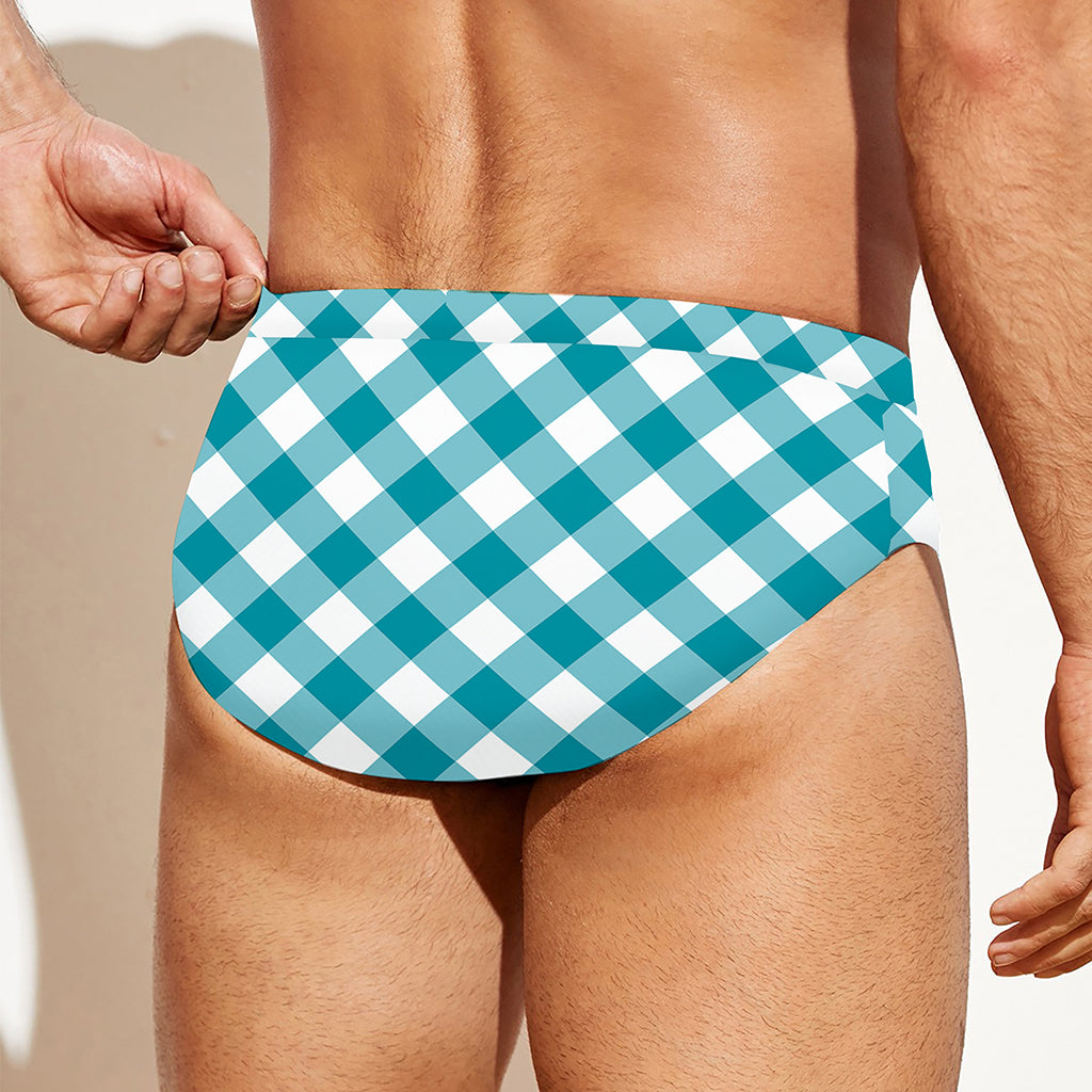 Teal And White Gingham Pattern Print Men's Swim Briefs