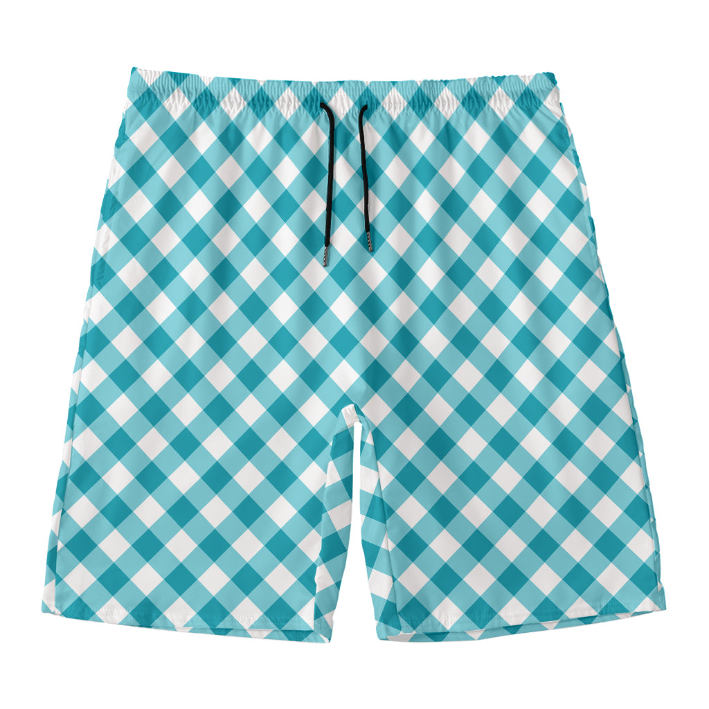 Teal And White Gingham Pattern Print Men's Swim Trunks
