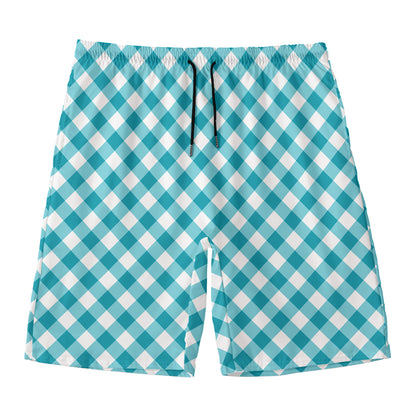 Teal And White Gingham Pattern Print Men's Swim Trunks