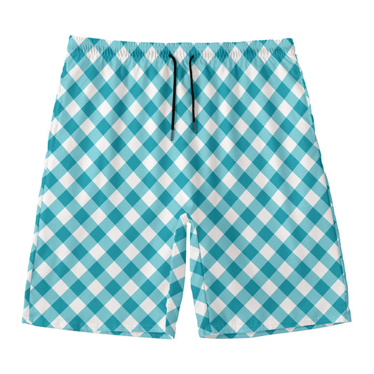 Teal And White Gingham Pattern Print Men's Swim Trunks