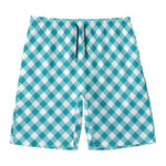 Teal And White Gingham Pattern Print Men's Swim Trunks